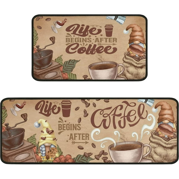 Coffee Kitchen Rugs Sets of 2, Coffee Rugs for Kitchen, Brown Kitchen Rug Washable Non-Slip Kitchen Mats for Floor 2 Piece Coffee Decorations for Kitchen