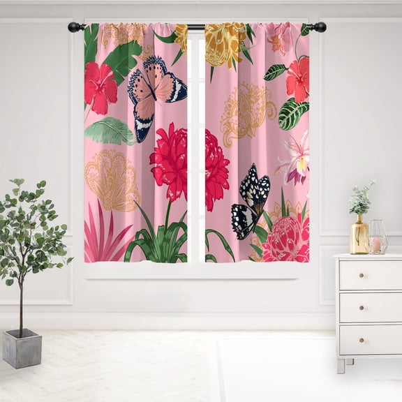 Pink Boho Window Curtains Rod Pocket Girls Floral Butterfly Flower Colorful Woman Plant Botanical Summer Spring Art Aesthetic Room Drapes 2 Panels for Living Bedroom Home Decor 42X63 inch