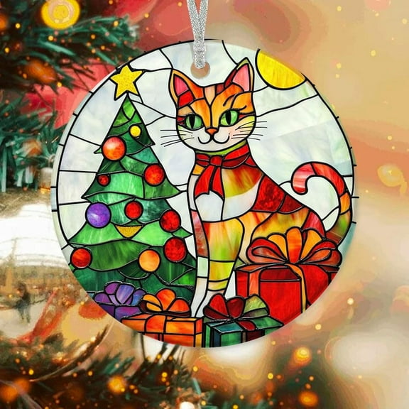 Cat Christmas Stained Glass Ornaments, Cat Christmas Ornament,Cat Christmas Christmas Tree Ornament, Xmas Decorations xFXHsE