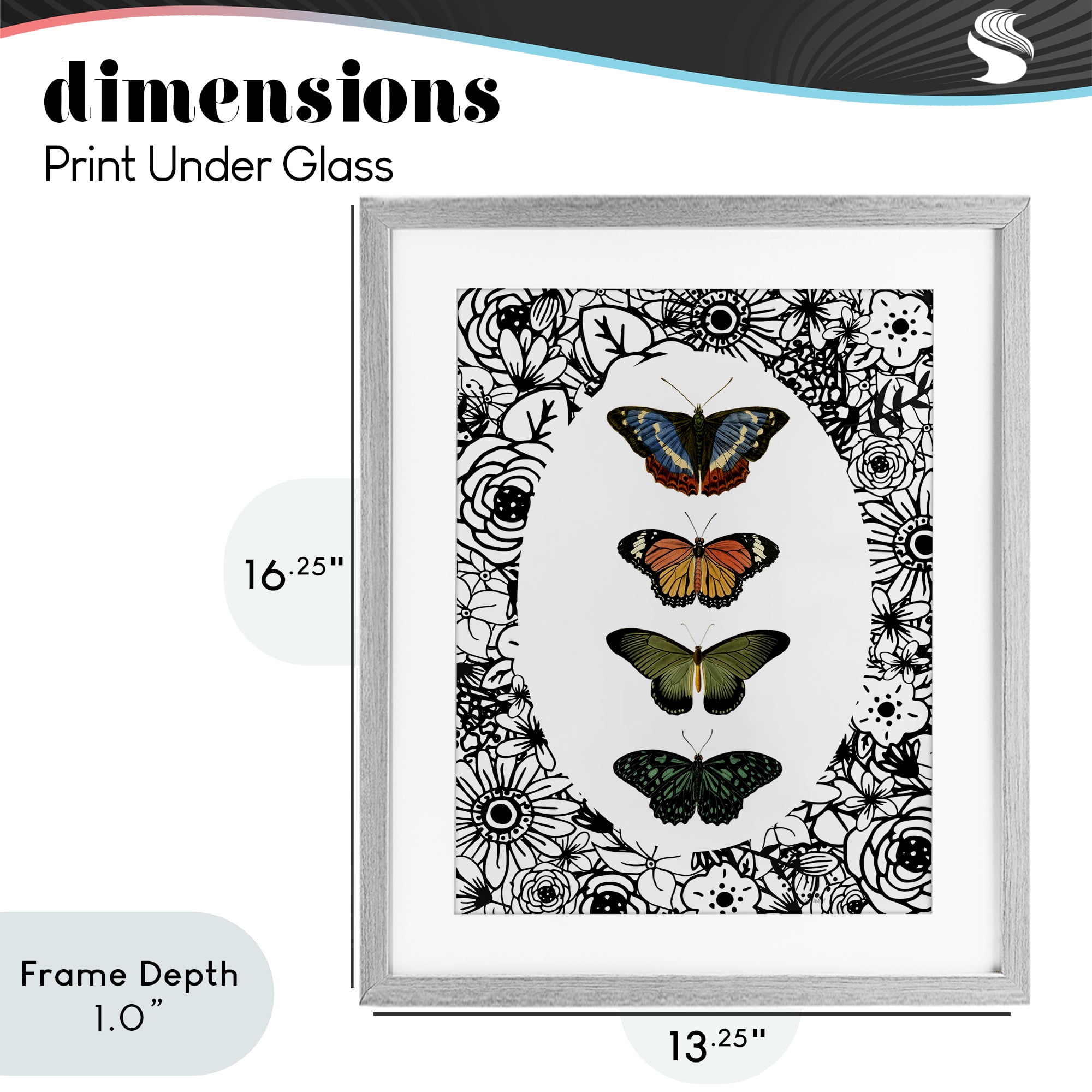 Stupell Industries Floral Border Butterfly Lineup Gray Framed Print Under Glass, design by Dan Meneely
