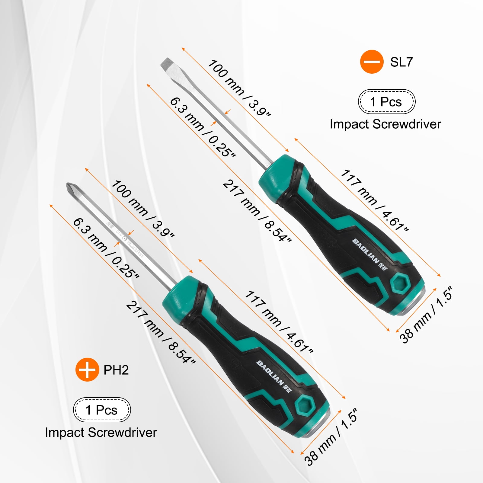 Uxcell 2Pcs Magnetic Screwdriver Set PH7/SL7 x 100mm S2 Steel Go-thru Phillips Slotted Screwdrivers with Striking Cap for Industry and Automobile Repair