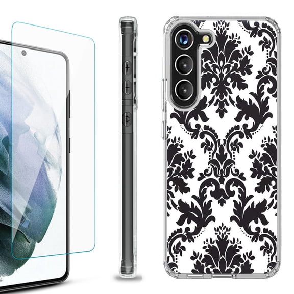 Shockproof Bumper Phone Case for Samsung Galaxy S23 5G, with Tempered Glass Screen Protector, by OneToughShield ® - Victorian White/Black