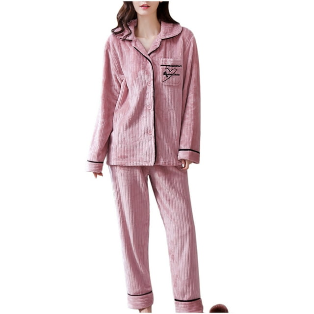Ladies Fashion Flannel Solid Print Pocket Long Sleeve+ Long Pants Pajama Suit
