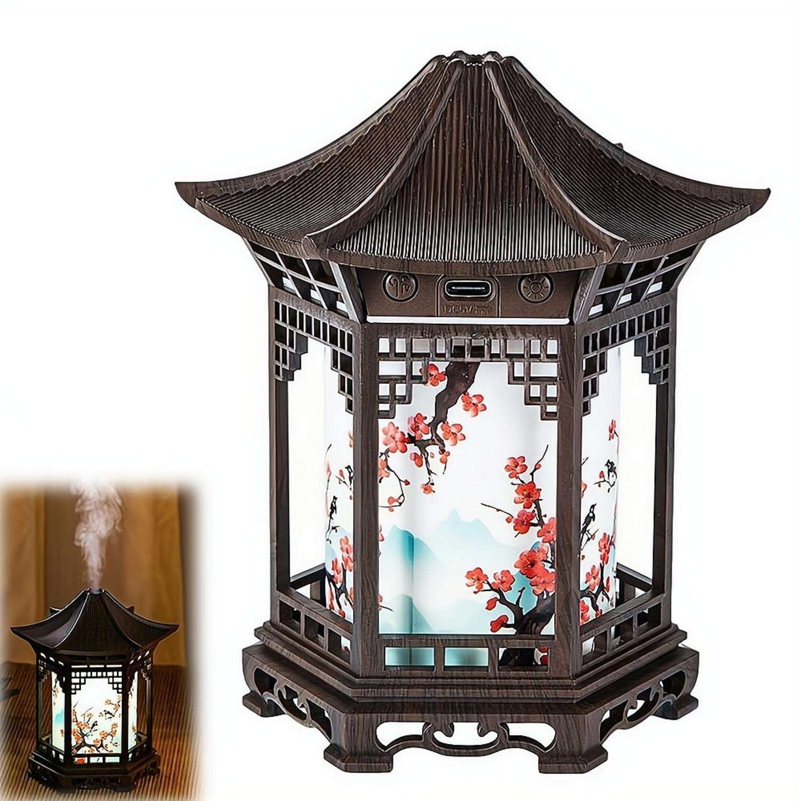 Chinese Style Pavilion Humidifier, Wood Grain Night Light, Household Moisturizing Desktop Decor