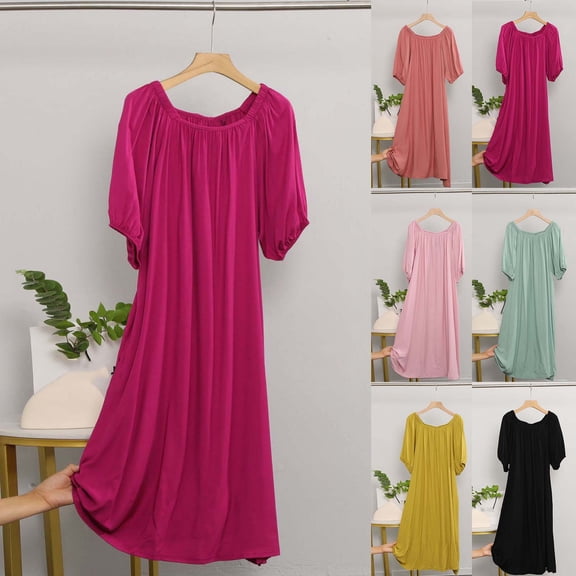 Naittoop Long Nightgowns for Women Soft Full Length Half Sleeve Loose Fit Nightdress Solid Color Sleep Dress with Pockets