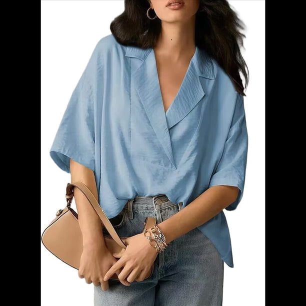 Blusa Informal Elegante para Mujer, de Negocios, de Corta, con Cuello en V y Tapeta, Camisa de Trabajo Azul L