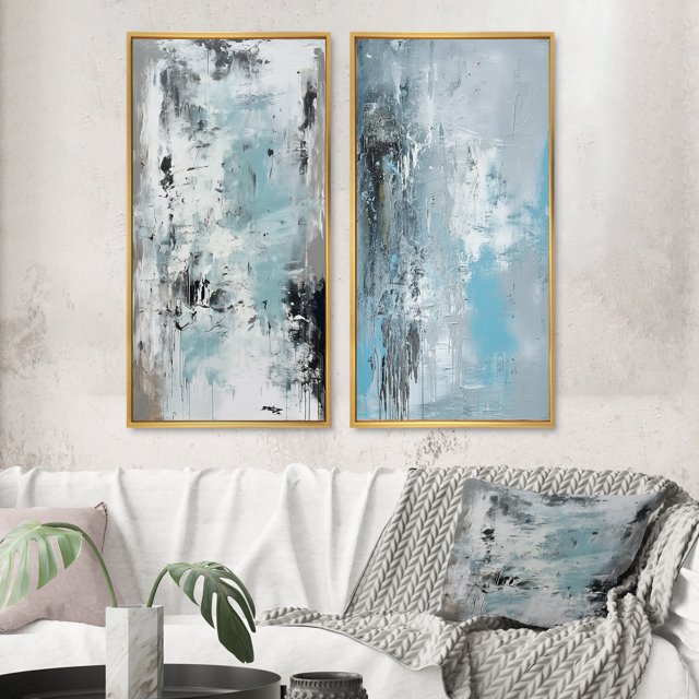Designart "Tranquil Subtlety In Abstract Blue IV" Abstract Painting Framed Wall Art Set Of 2 - Modern Blue Framed Canvas Set For Living Room Decor