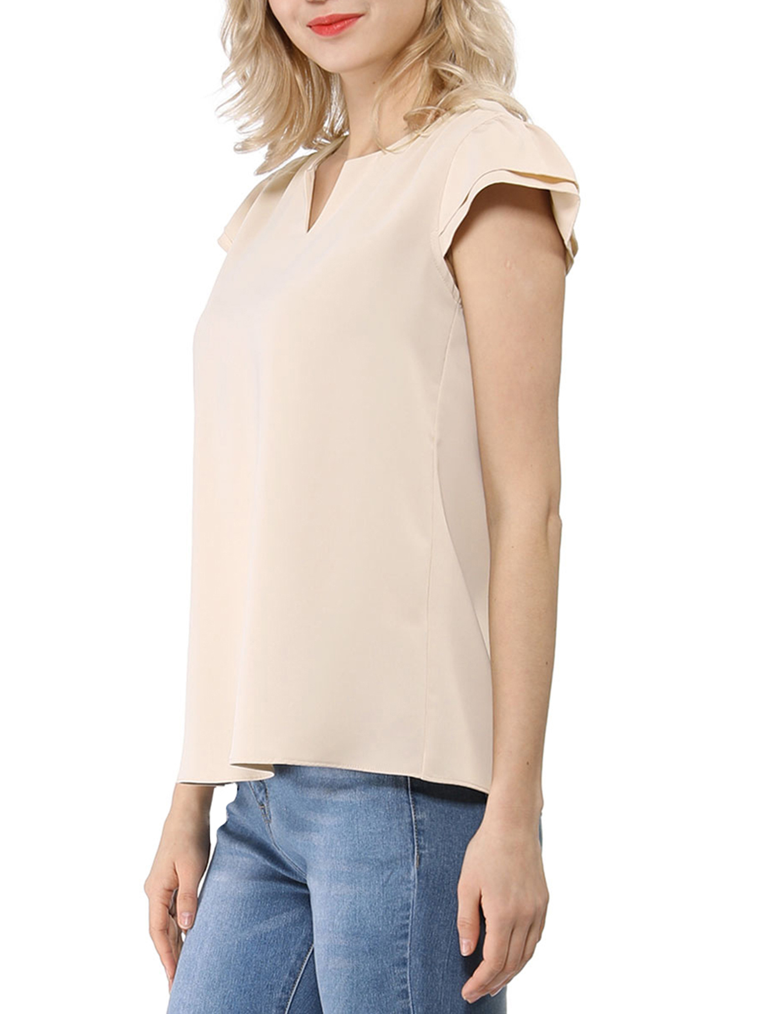 DARING DIVA Women's V Neck Casual Solid Cap Blouse Top S Beige