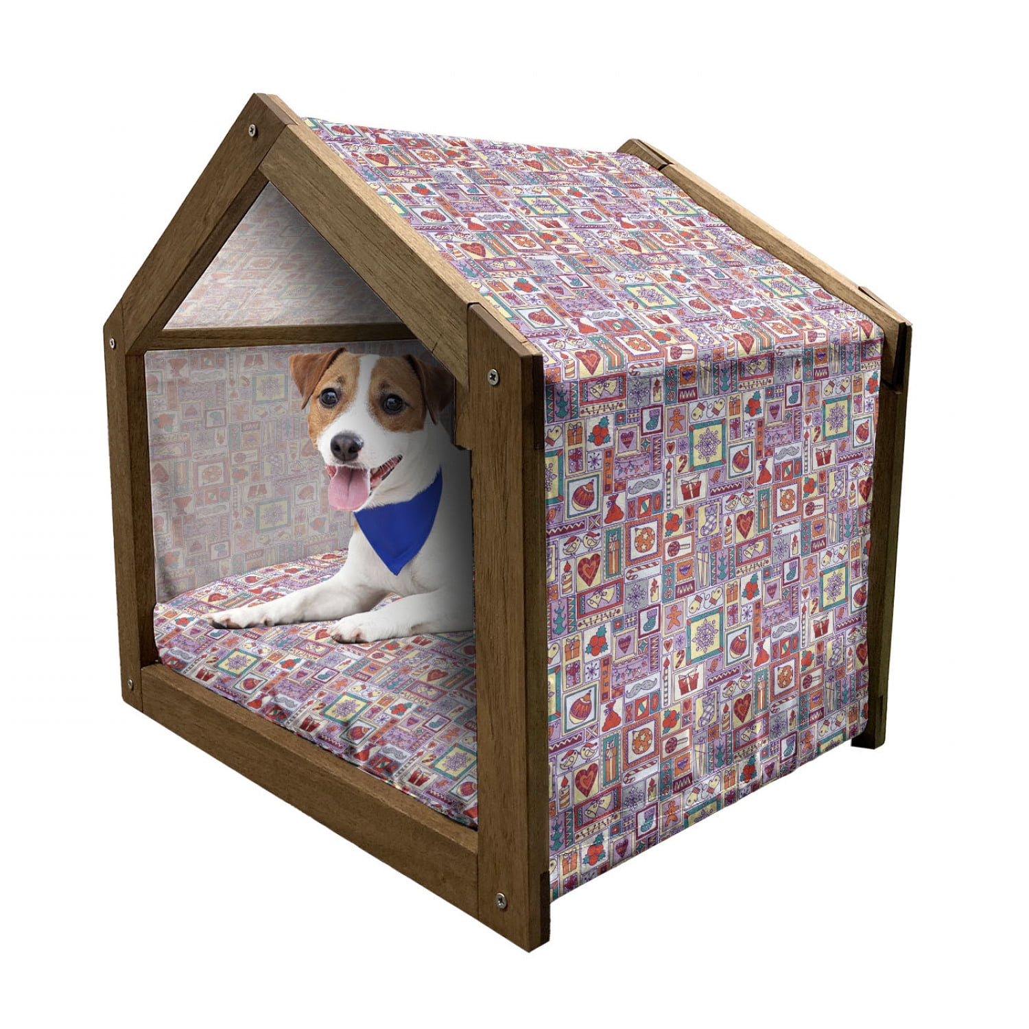 Floral Patterned Wooden Dog House with Canopy and Pillow