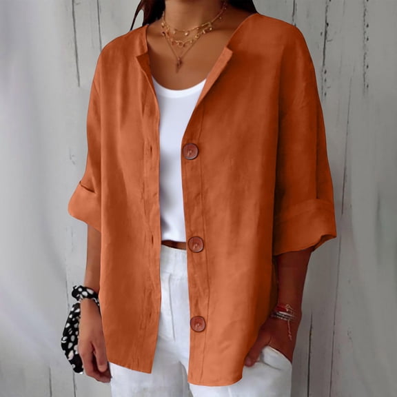 Endives Womens Linen Shirts Summer Button Down Shirt V Neck 3/4 Sleeve Tops Loose Vacation Beach Solid Color Blouses Womens Tops S-5XL