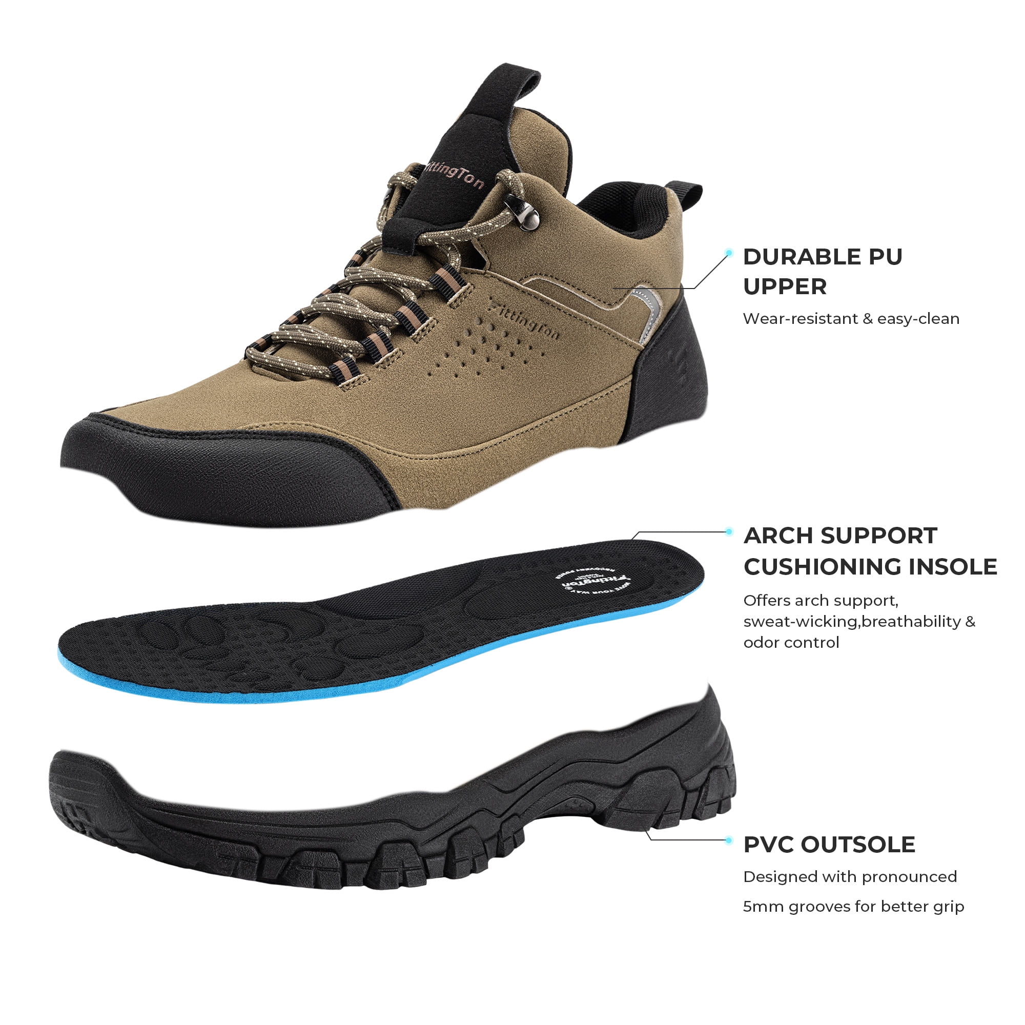 Fittington Men's Walking Hiking Shoes Outdoor Trekking Athletic shoes Arch Support | Reflective Safety Feature | Dark Brown/Black