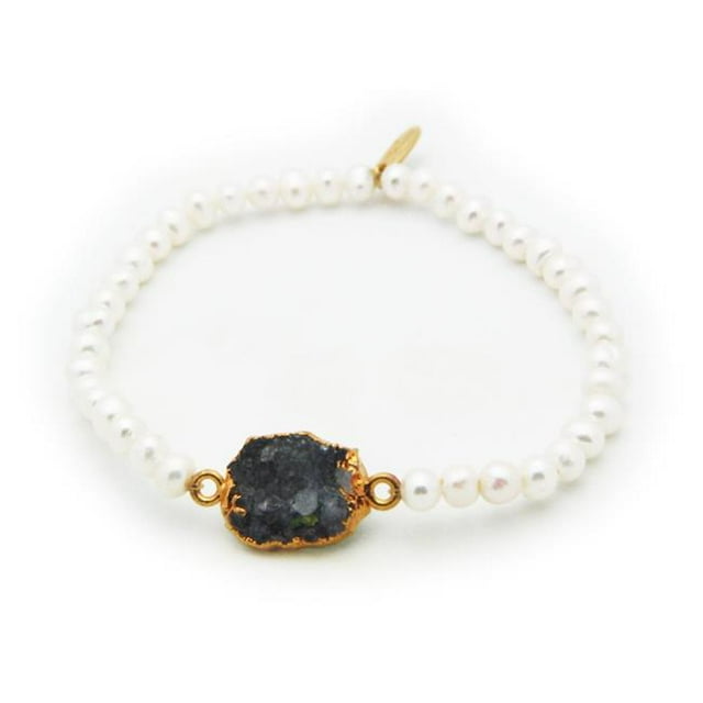 Grey Druzy Mini Fresh Water Pearls Elastic Bracelet in Sterling Silver