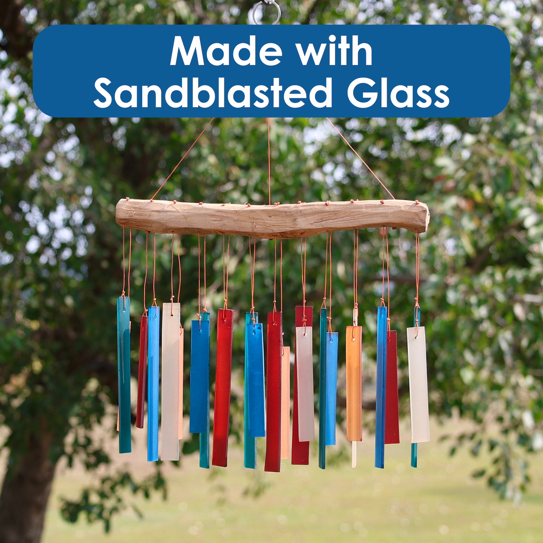 Blue Handworks Retro Colors Glass & Driftwood Chime - Sandblasted Glass and Found Wood Handcrafted Wind Chime for Outdoor and Garden Décor