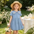 thumbnail image 4 of Fengqque Girls Peter Pan Collar Denim Dress Short Sleeves Bows Partial Front Buttons A-Line Casual Dress Light Blue 18-24 Months, 4 of 9