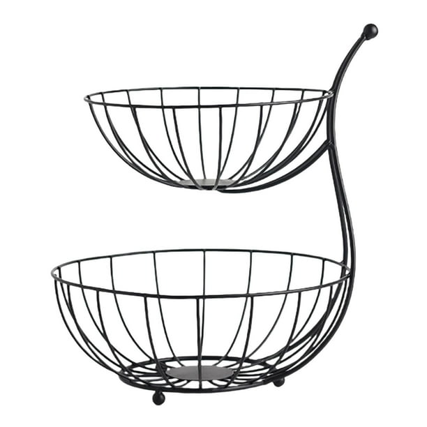 Bewildely Soporte de cesta de frutas de 2 niveles, estante de almacenamiento de alambre de acero desmontable para verduras doradas Organizadores de utensilios de cocina Negro