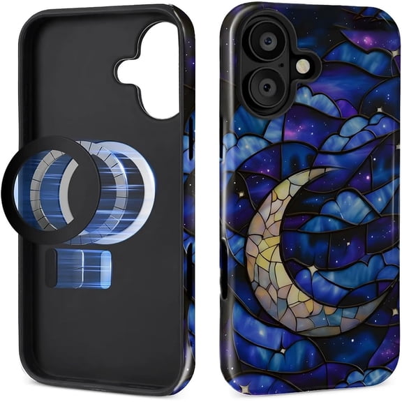 Magnetic Case for iPhone 16 Plus Design, Compatible with MagSafe, Slim Protective Soft TPU Bumper Phone Cover Women Girls Case for iPhone 16 Plus-Celestial Stained Glass Moon Stars