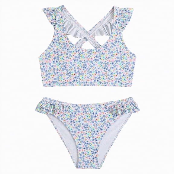 Bosanter Bathing Suits For Girls 2 Piece Bathing Suit Ditsy Floral Print Ruffles Swimsuit Set Cute Bikini Swimwear, Blue 8-9Y