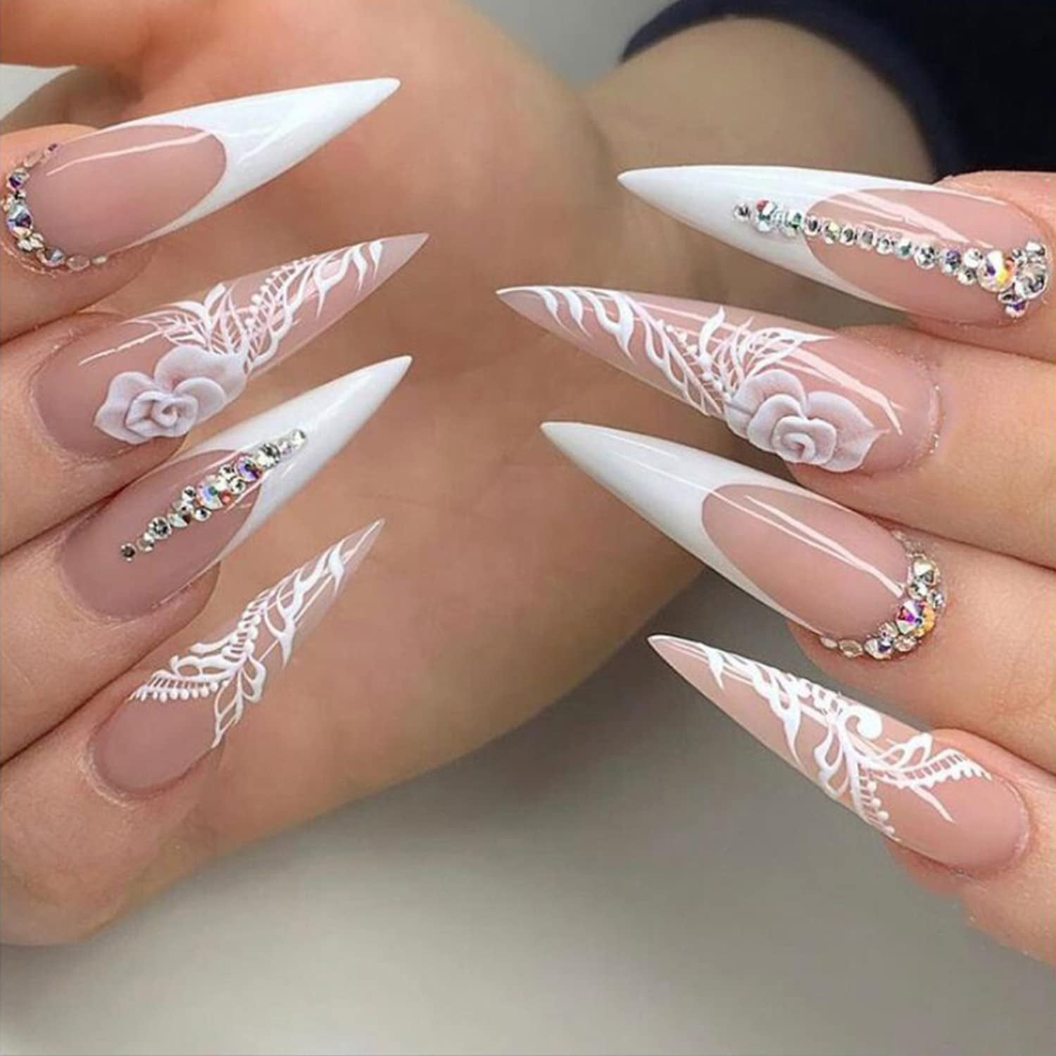 Flower Press on Nails Super Long Fake Nails Acrylic Ballet French Pointed  French White Rose Flowers Rhinestone adhesive tape on Nails Exquisite  Design Nails for Women and Girls 24 Pcs 