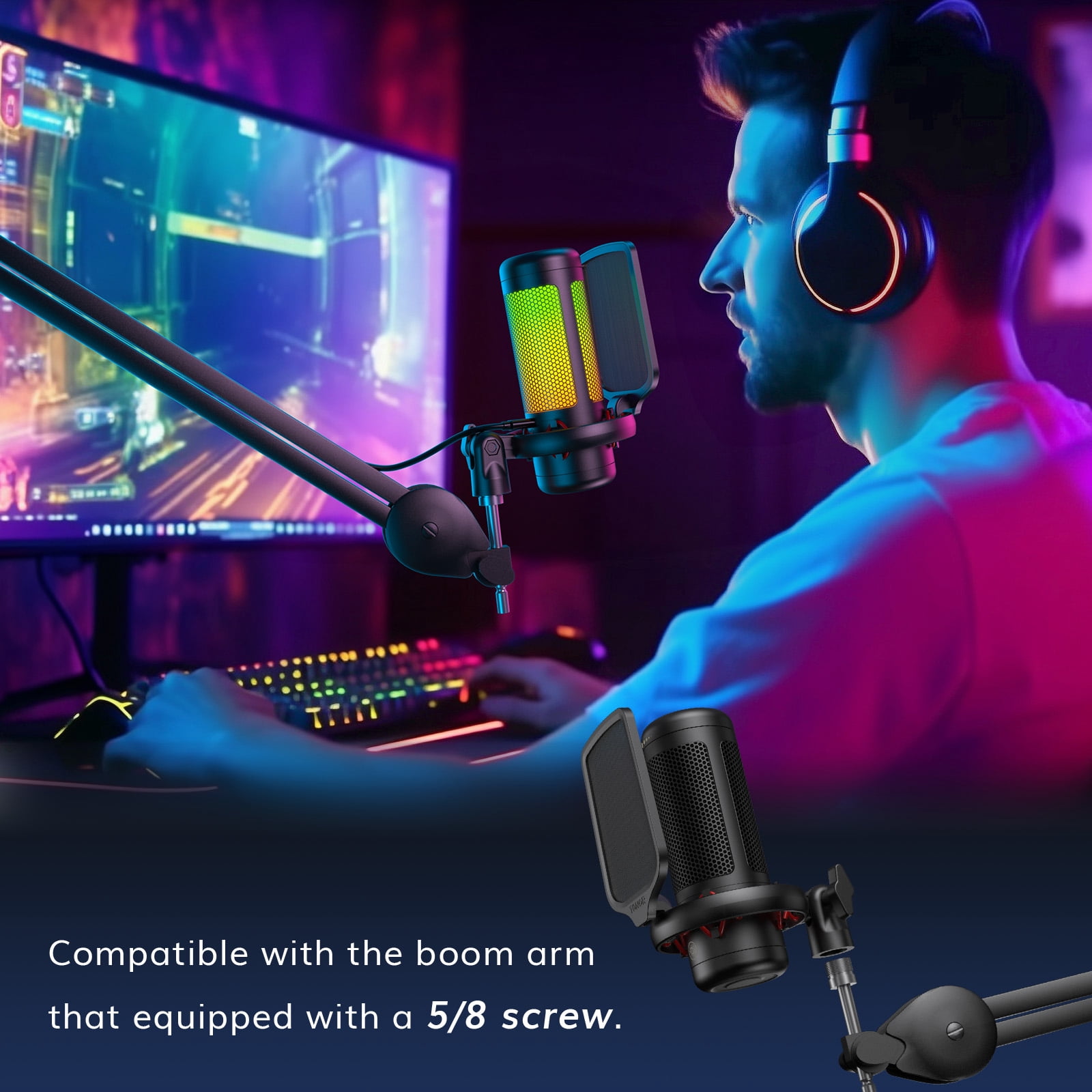 TONOR TC310 Gaming Microphone Type-C Plug, Desktop USB Microphone with RGB, Quick Mute, for Twitch, Streaming, Podcast, Studio Recording, Discord Chatting, 200 cm/78 inch Cable, Black