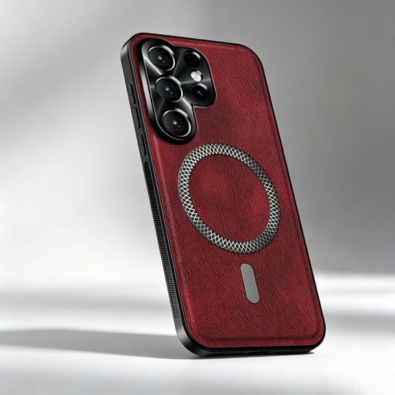 For Samsung Galaxy S26 Phone Case,Compatible with Mag-Safe,Retro PU Leather Back Design,Anti-Scratch Ultra Slim Shockproof Anti-fall Non-Slip Protection,Thin Fit Phone Case Cover,Winered