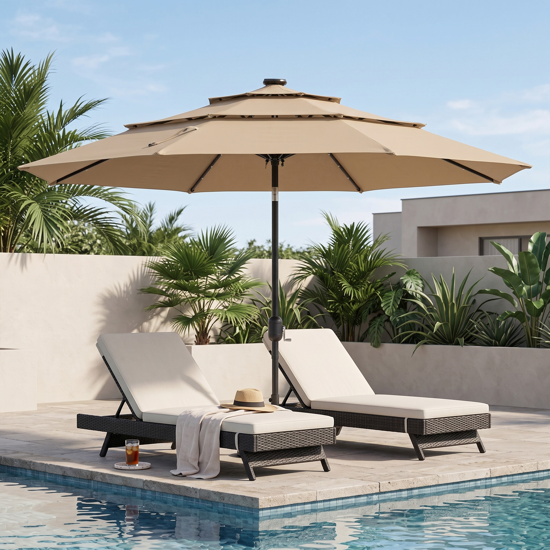 edx 10 Ft Solar LED Patio Umbrella With Tilt, Khaki photo 3