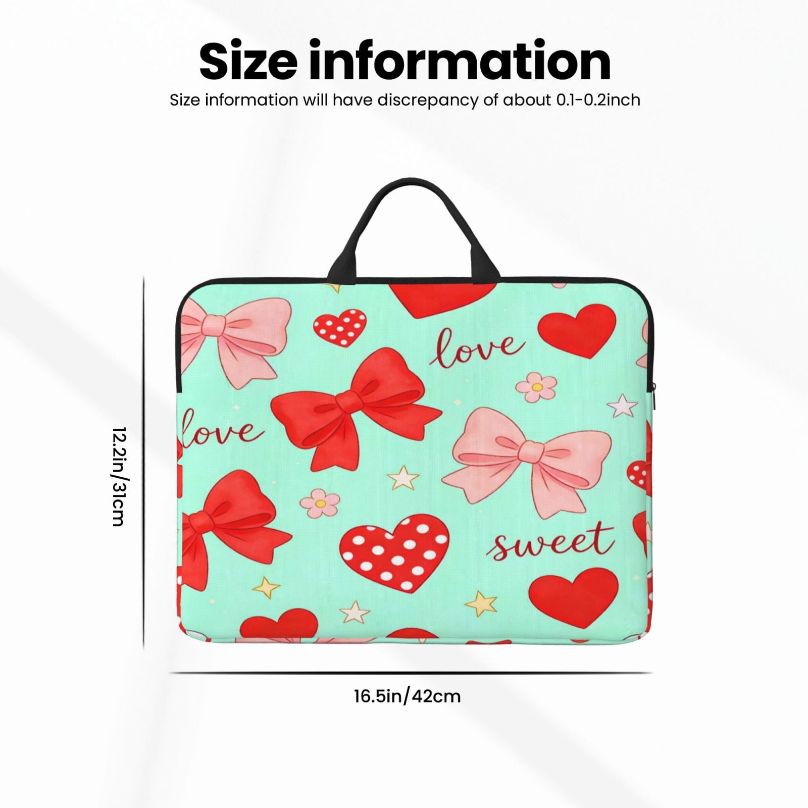 Laptop Sleeve Bag For Women Men 14inch Waterproof Durable Protective Computer Carrying Cover Handle Laptop Case Bag Sweet Love Bow Heart Green