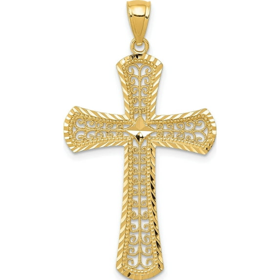 14K Yellow Gold Diamond-Cut Filigree Cross Pendant (42 X 23) Made In United States c3621
