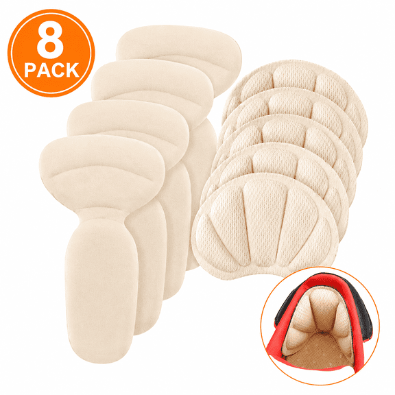 8 Pack Beige Heel Grips, Adhesive Heel Cushion Pads for Oversized Shoes, Anti-Blister Heel Guards for Men Women