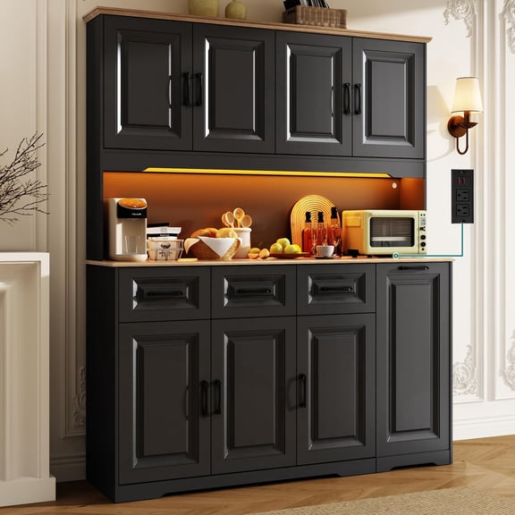 72" Tall Kitchen Pantry Cabinet with 6 Side Door Shelves & Led Lights & Charge Station, 60" Wide Freestanding Farmhouse Cupboard with 7 Doors Storage,3 Drawer,3 Tier Storage Cart,Adjustable Shelves