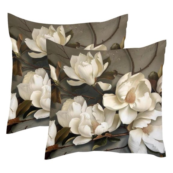 Pack of 2 Giant Magnolias Painting Throw Pillow Covers 20x20 Inch, Square Farmhouse Pillowcase, Velvet Cushion Case for Sofa Bedroom Home Decor