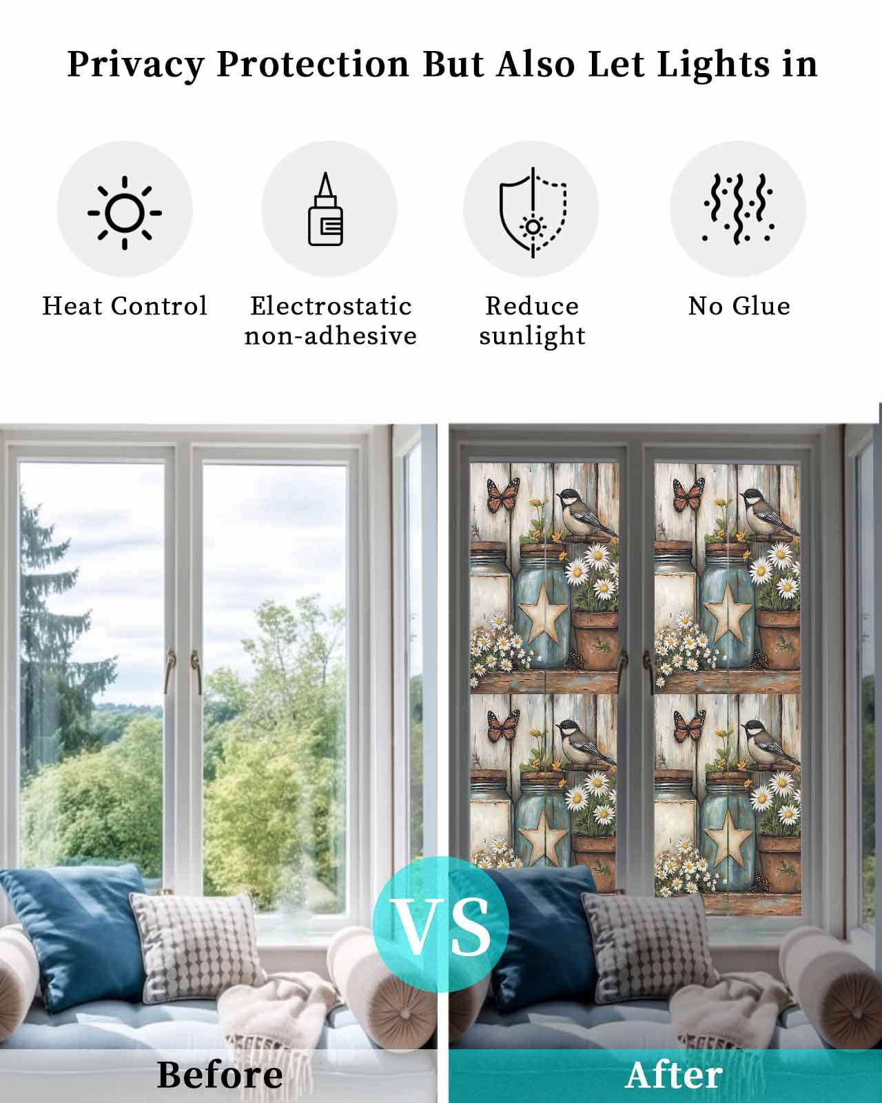 Window Privacy Film Country Flower Stained Glass Window Film Decorative Sun Block Window Cover Retro Western Texas Star Butterfly Bird Window Clings Static Adhesive Sticker for Bathroom 17.7"x78.7"