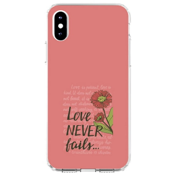 DistinctInk Clear Shockproof Hybrid Case for iPhone XR (6.1" Screen) - TPU Bumper, Acrylic Back, Tempered Glass Screen Protector - 1 Corinthians 13 - Love Never Fails - Flower