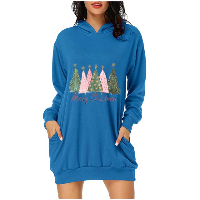 Pisexur Robes pour Femmes Imprimé Arbre de Noël Sweat à Capuche Robe de Soirée Décontractée Manches Longues Mini Robes de Vacances d'Automne pour Femmes avec Poches