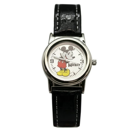 Mickey Mouse Wrist Watch - Disney's Mickey Mouse Classic Drawn Style w/Black Leather Band Watch (25mm)
