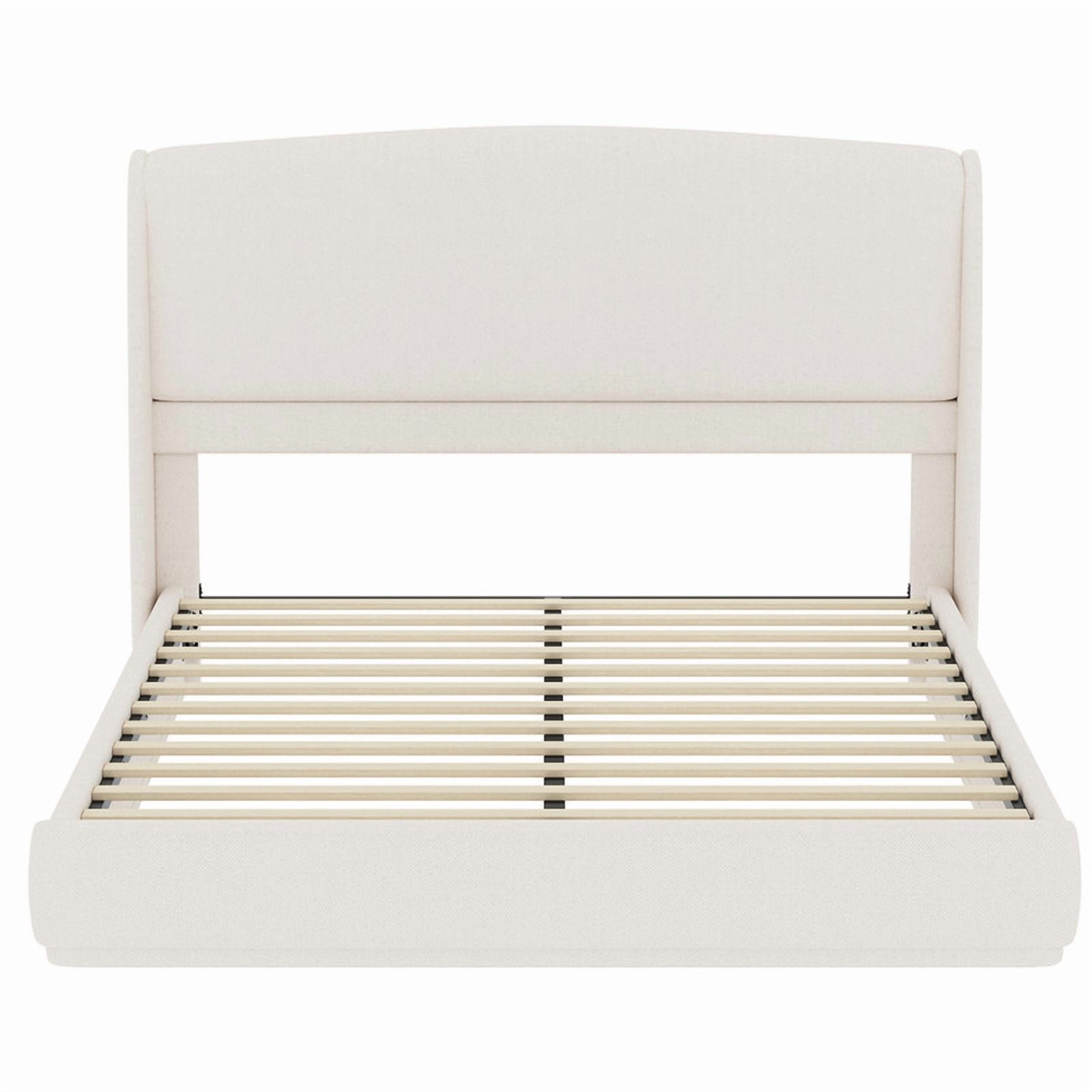 Queen Size Linen Upholstered Bed Frame with Padded High Headboard, Low-Profile Platform Bed with No Box Spring Needed