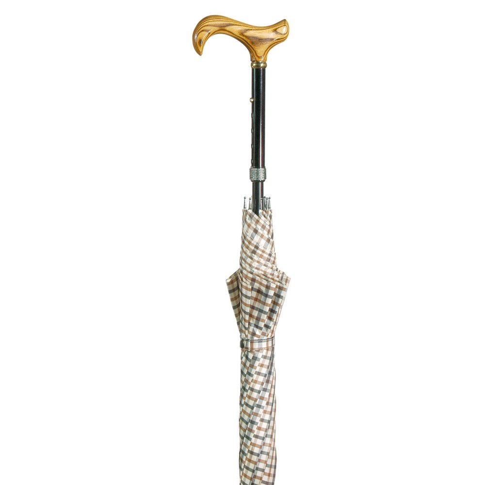 Derby Handle Walking Cane Umbrella in BlueBrown Check and Adjustable