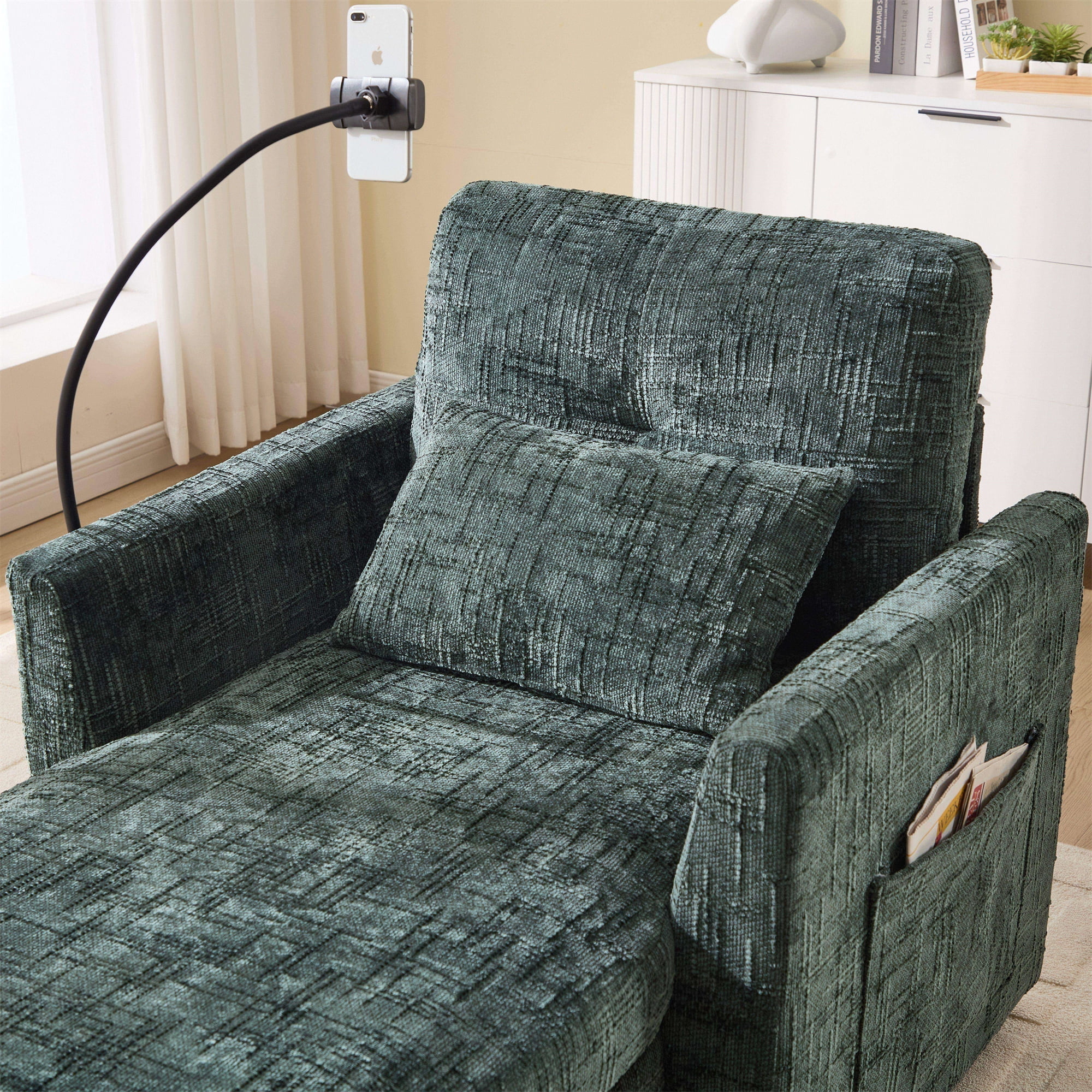 Aukfa Storage Chaise Lounge Single Sofa with Phone Holder and Pillow for Living Room Bedroom, Chenille, Emerald