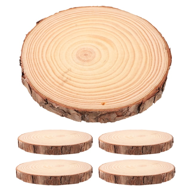 GOOHOCHY 5 rodajas de madera redondas de 14-15 cm, rodajas de madera natural para manualidades, proyectos de bricolaje y centros de mesa. Discos de corteza natural para hacer posavasos.