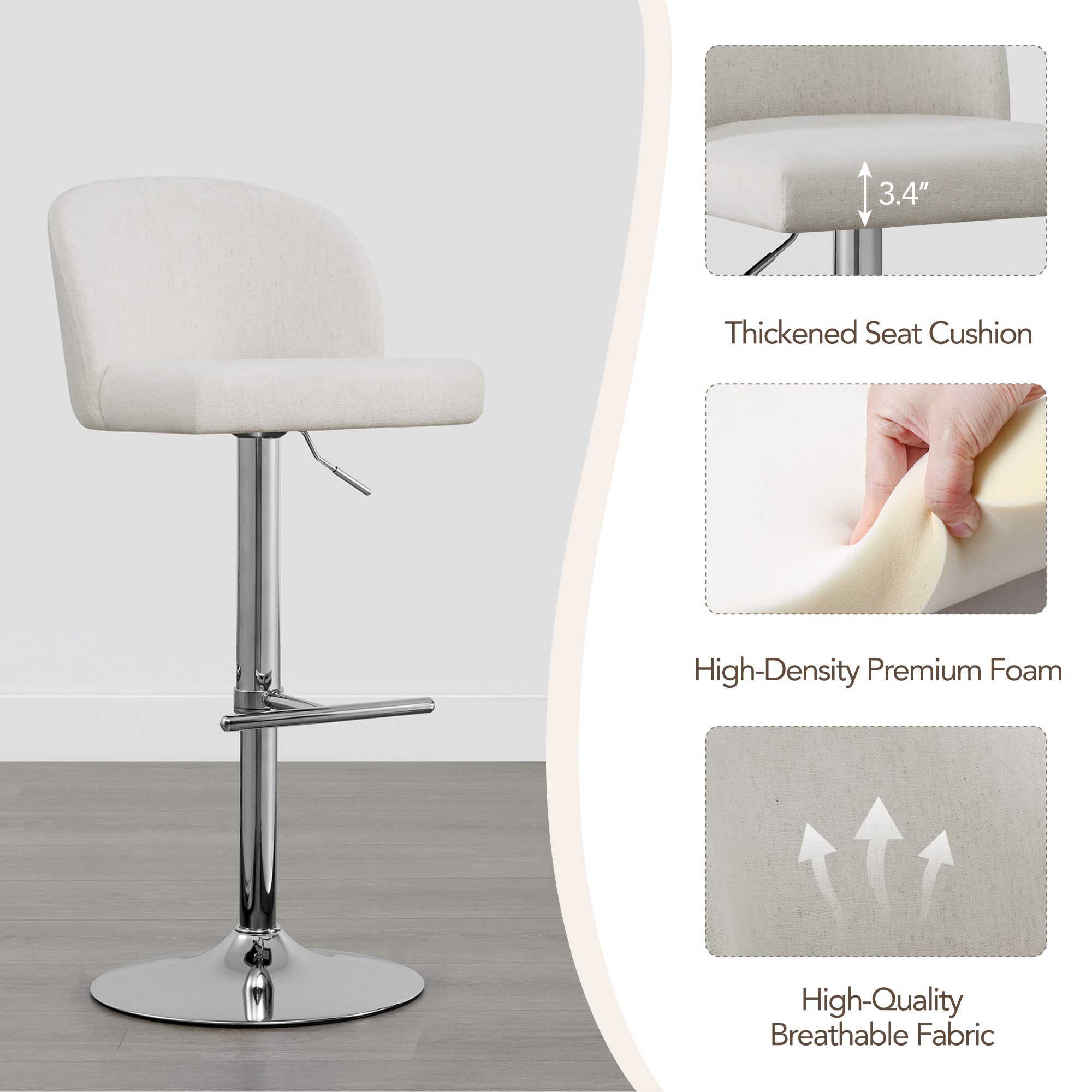 Spruce & Spring Modern Adjustable Swivel Bar Stool with Air-Lift Set of 2, White with Silver Frame