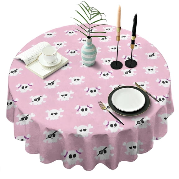 Pink Halloween Skulls Round Tablecloth 60"x60",Wrinkle Wipeable Table Cloth for Kitchen Dining Room Picnic Patio Party