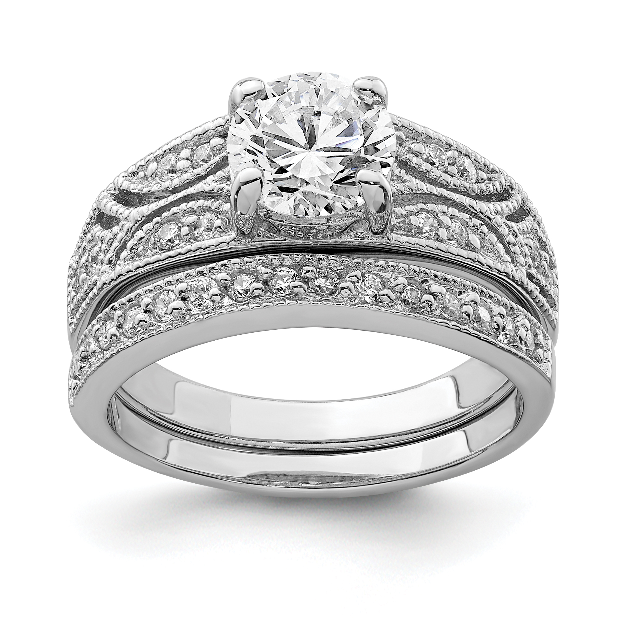 Metal Factory Sterling Silver 3Pcs 925 CZ Cubic Zirconia Engagement Wedding Band Ring Set