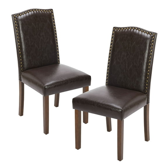 MCQ Dining Chairs, Leather Fabric Upholstered Modern Dining Room Chair with Nailhead Trim and Wood Legs, Set of 2 , Dark Brown