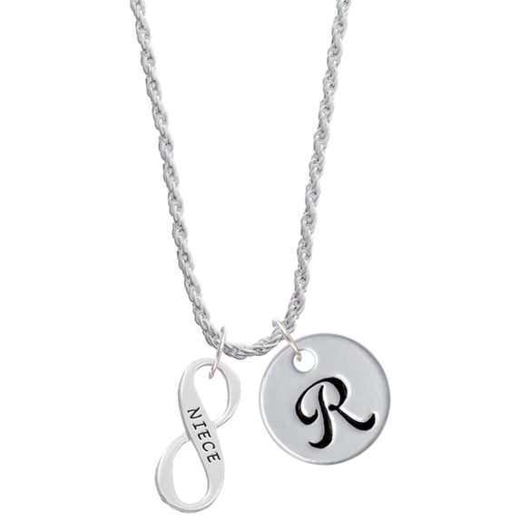 Delight Jewelry Silvertone Niece Infinity Sign Silvertone Script Initial Disc - R - Charm Necklace, 20"+3"