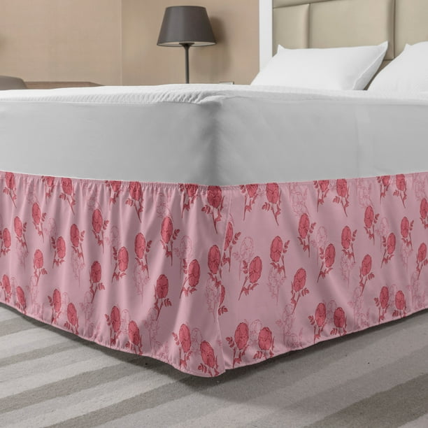 Floral Bed Skirt, Romantic Roses Leaves Rosebuds Valentine's Day Sketch Repetitive Pattern