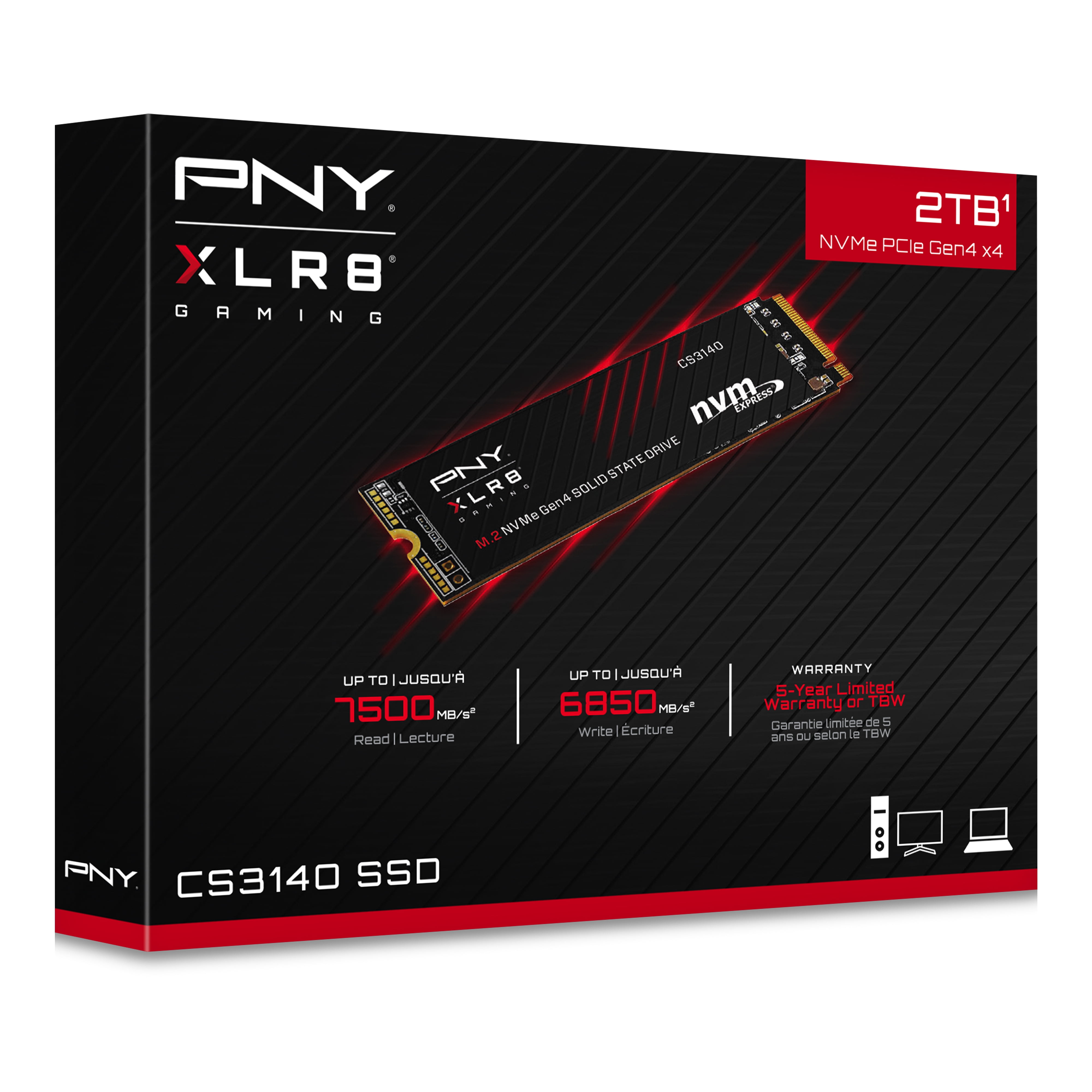 PNY CS3140 1TB Gen4 x4 PCIe NVMe M.2 SSD, 7,500/5,650 MB/s