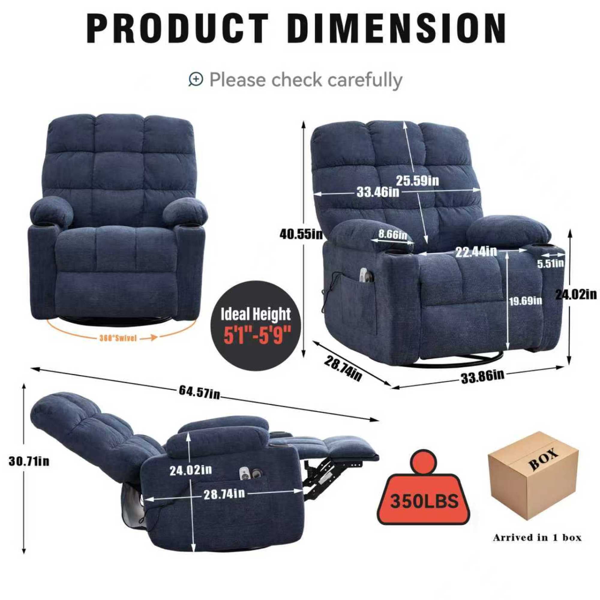 Leumius Swivel Recliner Chair for Elderly,360° Swivel Rocker Recliners with Heat and Massage,Single Rocker Sofa Nursery Glider with Cup Holder and Side Pockets,Blue