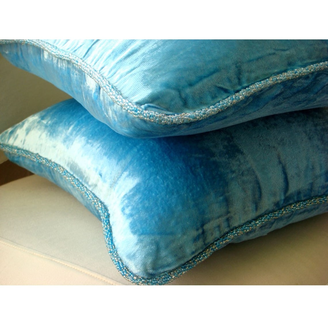 Throw Pillow Cover, 22x22 inch (55x55 cm) Pillow Case, Aqua Blue Accent Pillows, Velvet Beaded Cord Throw Pillows Cover, Velvet Square Pillow Cover, Solid Contemporary - Aqua Shimmer