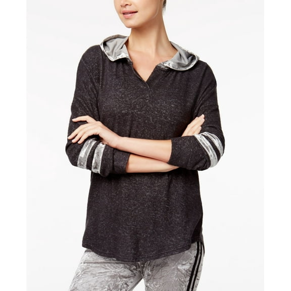 Hippie Rose Juniors Velvet Trim Cozy Hoodie Charcoal XS