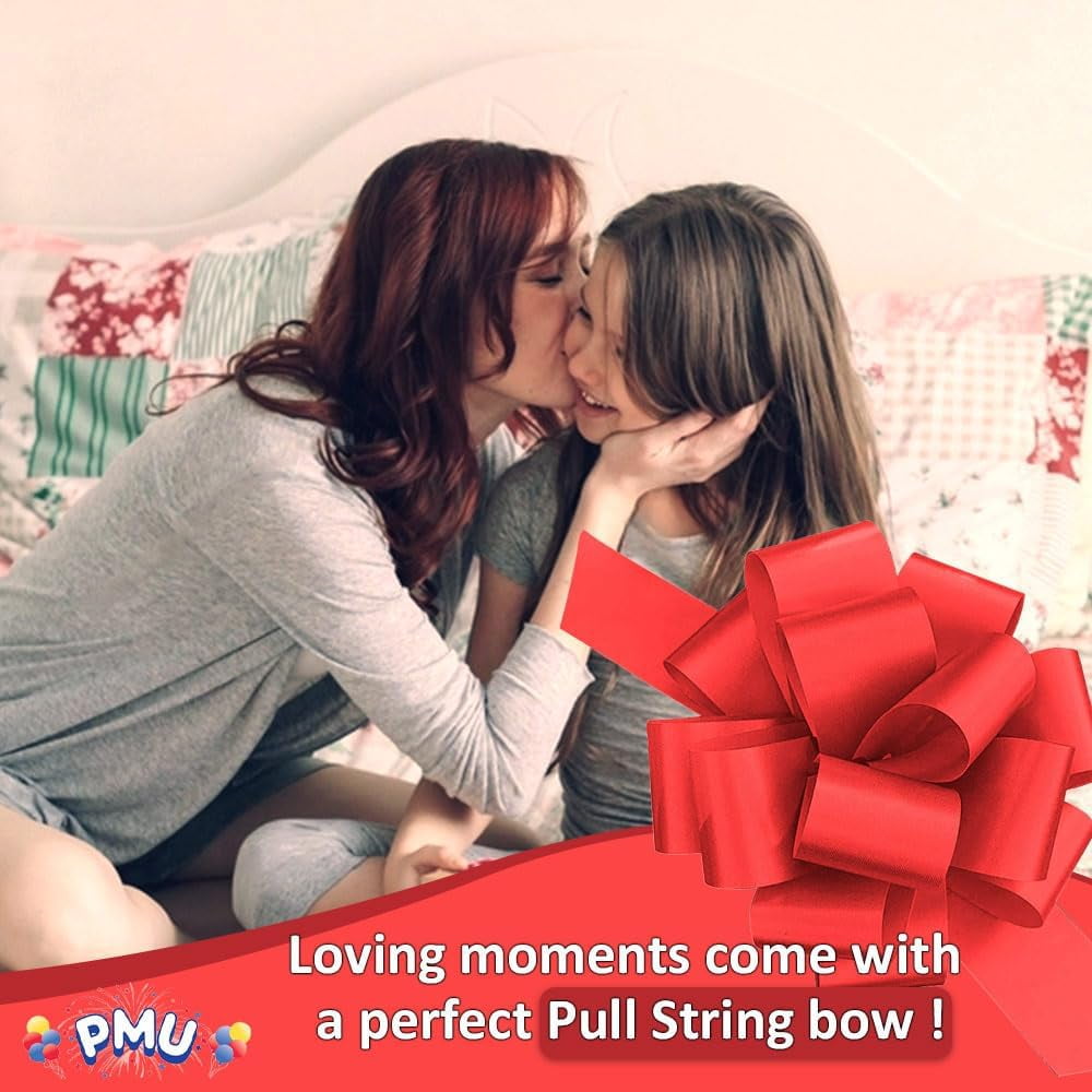 PMU Pull String Bows - Gift Bows for Wedding, Birthdays & Anniversaries - Ribbon Bows for Flowers & Basket Decoration - Large Bow for Gift Wrapping - 5 Inch 20 Loops Red- (50/pkg)Pkg/1