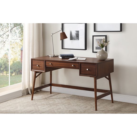 Walnut Veneer Wood Composition | Used in Home Office Study Setups | Features Drawers with Nickel Tone Knobs